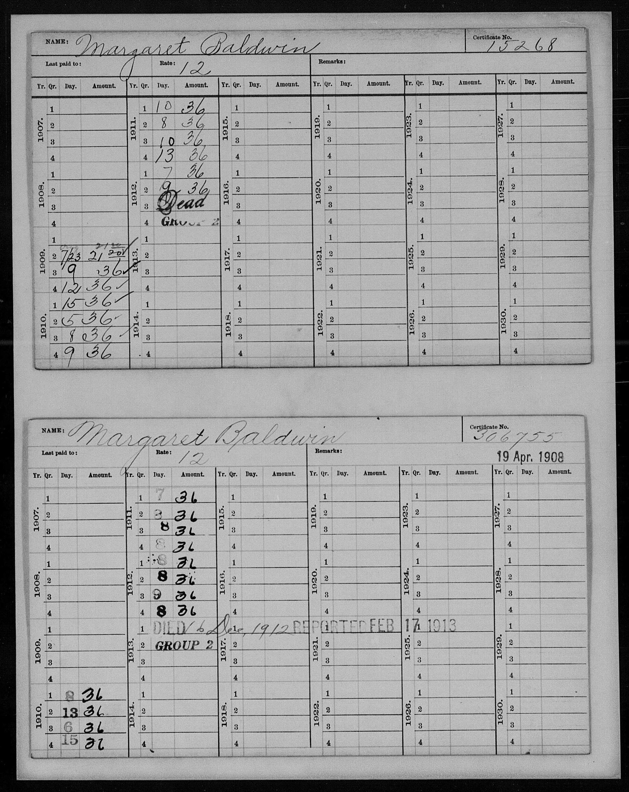 Baldwin 1909-1912 payouts
