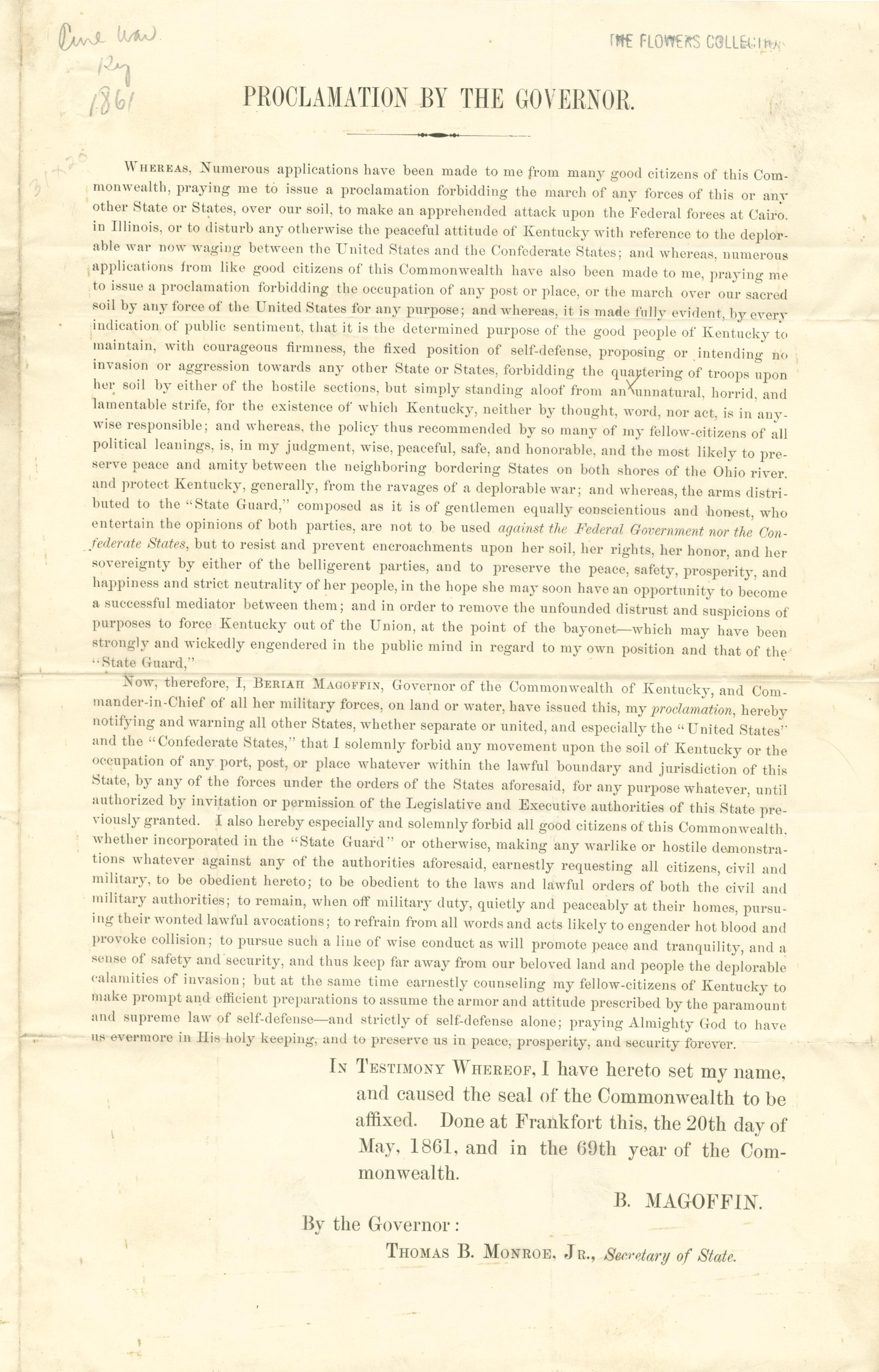 Kentucky governor's proclamation